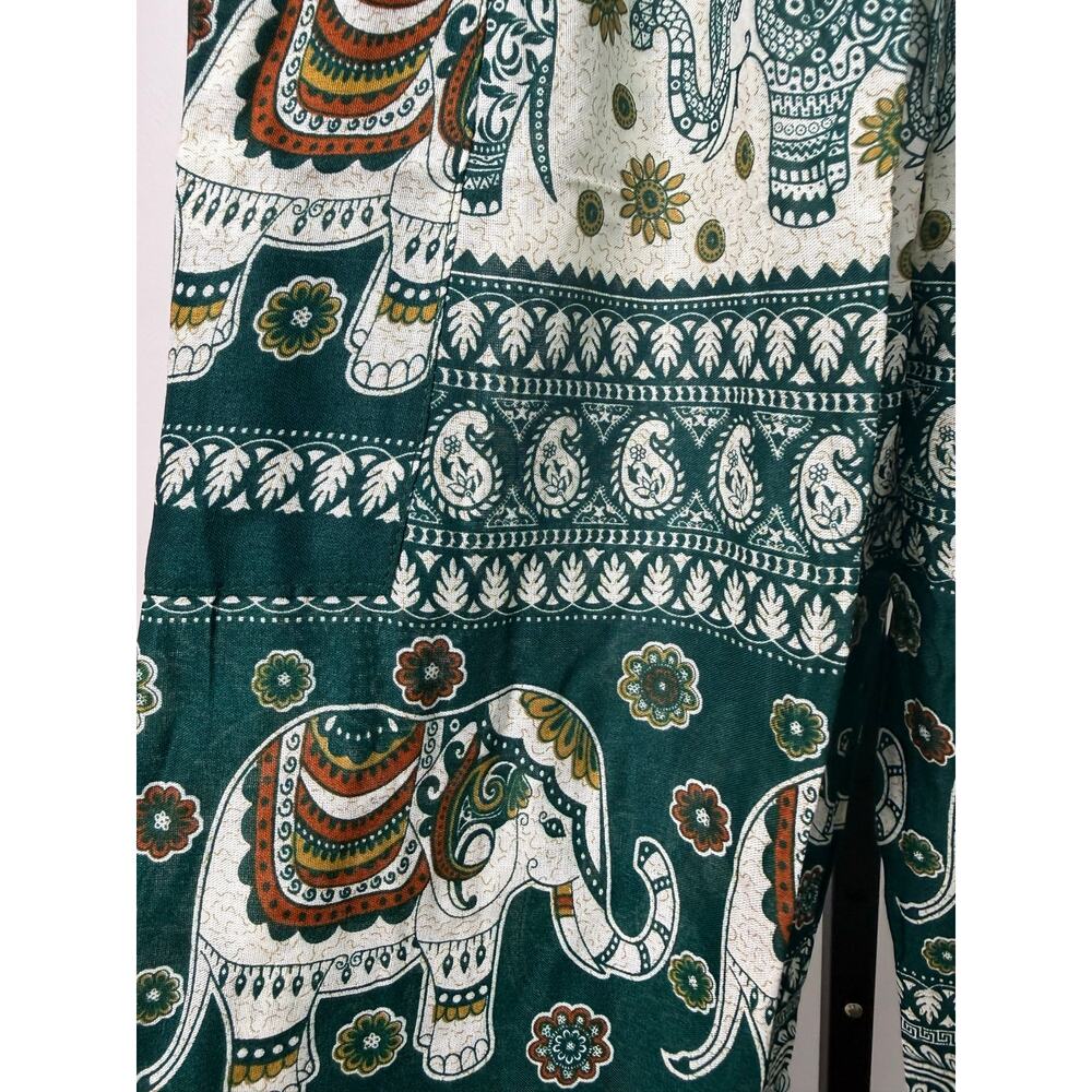 Boho Elephant Print Wide-Leg Pants in Green - Picture 5 of 6